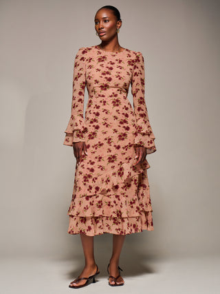 Long Sleeve Frill Chiffon Midaxi Dress, Coral Floral
