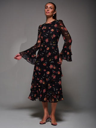 Long Sleeve Frill Chiffon Midaxi Dress, Floral Abstract