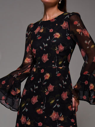 Long Sleeve Frill Chiffon Midaxi Dress, Floral Abstract