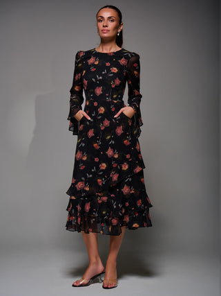 Long Sleeve Frill Chiffon Midaxi Dress, Floral Abstract