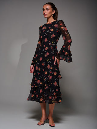 Long Sleeve Frill Chiffon Midaxi Dress, Floral Abstract