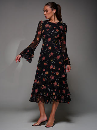 Long Sleeve Frill Chiffon Midaxi Dress, Floral Abstract