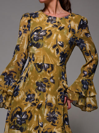 Long Sleeve Frill Chiffon Midaxi Dress, Yellow Floral