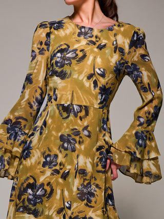 Long Sleeve Frill Chiffon Midaxi Dress, Yellow Floral