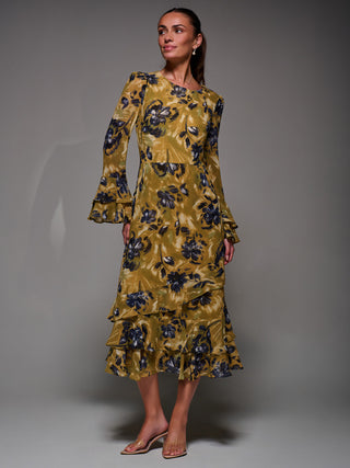 Long Sleeve Frill Chiffon Midaxi Dress, Yellow Floral