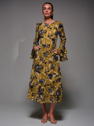 Long Sleeve Frill Chiffon Midaxi Dress, Yellow Floral