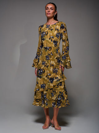 Long Sleeve Frill Chiffon Midaxi Dress, Yellow Floral