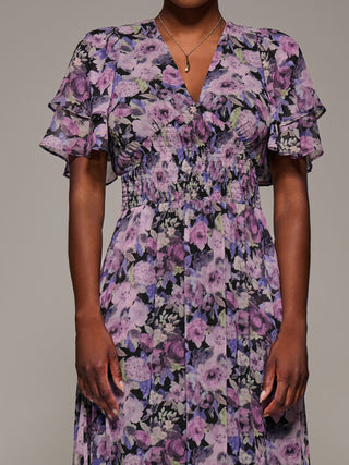 Chiffon Layered Sleeve Ruffle Hem Midaxi Dress, Black Floral
