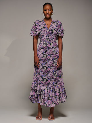 Chiffon Layered Sleeve Ruffle Hem Midaxi Dress, Black Floral