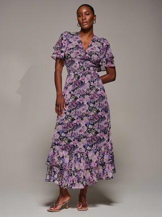 Chiffon Layered Sleeve Ruffle Hem Midaxi Dress, Black Floral