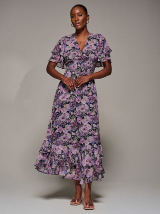 Chiffon Layered Sleeve Ruffle Hem Midaxi Dress, Black Floral