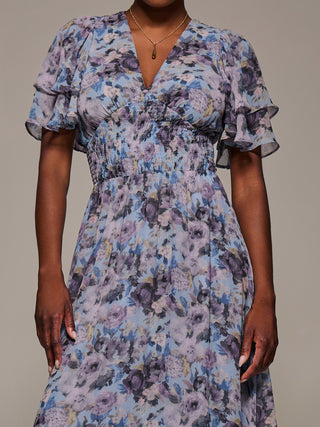 Chiffon Layered Sleeve Ruffle Hem Midaxi Dress, Blue Floral