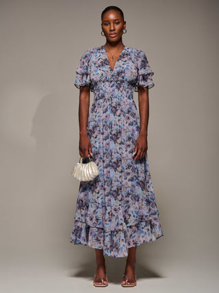 Chiffon Layered Sleeve Ruffle Hem Midaxi Dress, Blue Floral