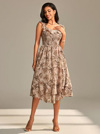 Shirred Ruffle Sleeve Tiered Midi Dress, Brown Abstract