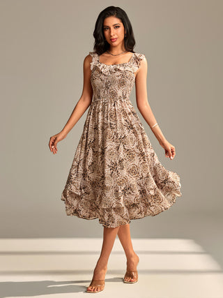 Shirred Ruffle Sleeve Tiered Midi Dress, Brown Abstract