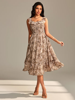 Shirred Ruffle Sleeve Tiered Midi Dress, Brown Abstract
