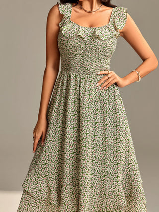 Shirred Ruffle Sleeve Tiered Midi Dress, Green Floral
