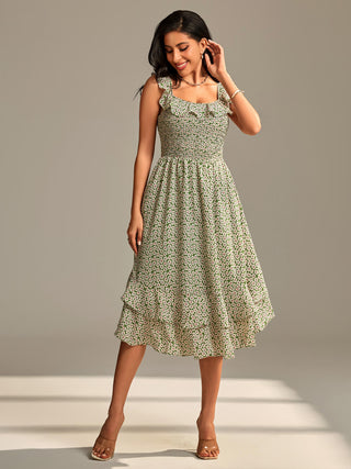 Shirred Ruffle Sleeve Tiered Midi Dress, Green Floral