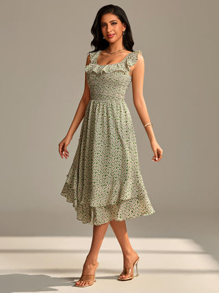 Shirred Ruffle Sleeve Tiered Midi Dress, Green Floral