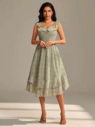 Shirred Ruffle Sleeve Tiered Midi Dress, Green Floral