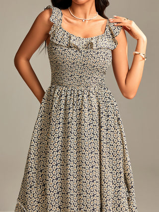 Shirred Ruffle Sleeve Tiered Midi Dress, Navy Floral
