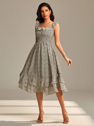 Shirred Ruffle Sleeve Tiered Midi Dress, Navy Floral