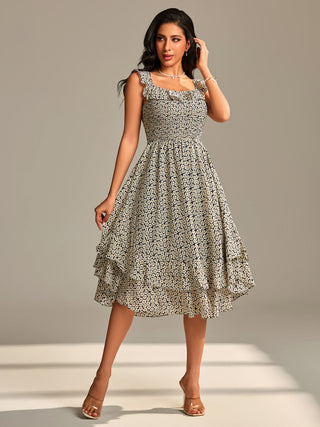Shirred Ruffle Sleeve Tiered Midi Dress, Navy Floral