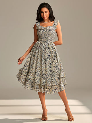 Shirred Ruffle Sleeve Tiered Midi Dress, Navy Floral
