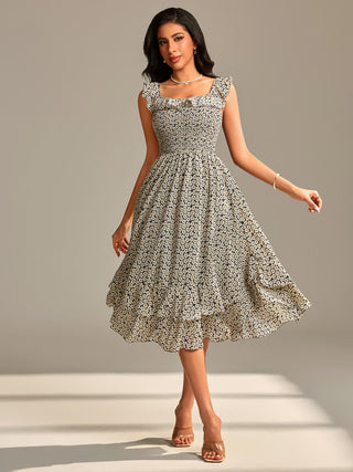 Shirred Ruffle Sleeve Tiered Midi Dress, Navy Floral