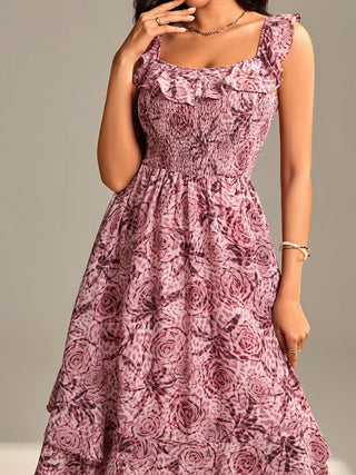 Shirred Ruffle Sleeve Tiered Midi Dress, Pink Abstract