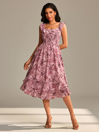 Shirred Ruffle Sleeve Tiered Midi Dress, Pink Abstract
