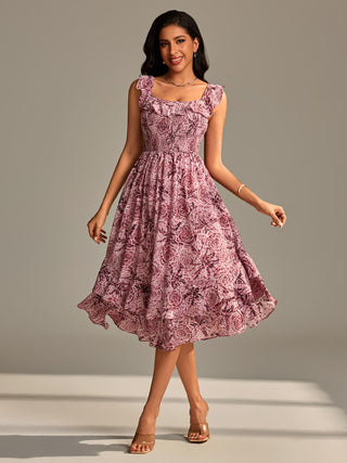 Shirred Ruffle Sleeve Tiered Midi Dress, Pink Abstract