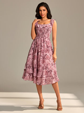 Shirred Ruffle Sleeve Tiered Midi Dress, Pink Abstract