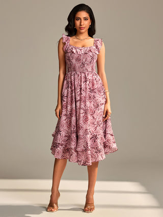 Shirred Ruffle Sleeve Tiered Midi Dress, Pink Abstract