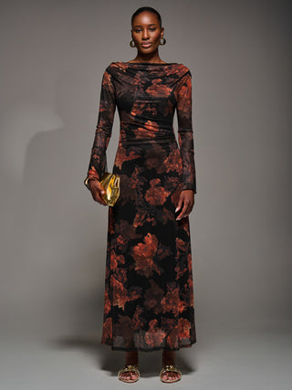 Long Sleeve Slash Neck Maxi Dress, Amber Haze