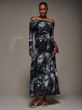 Long Sleeve Slash Neck Maxi Dress, Black Abstract