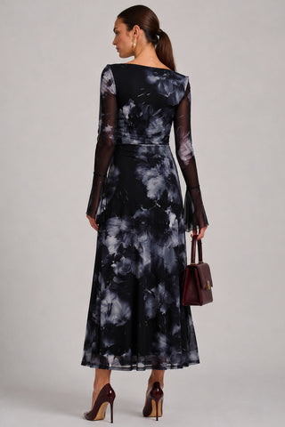 Long Sleeve Slash Neck Maxi Dress, Black Abstract