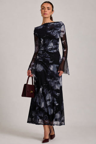 Long Sleeve Slash Neck Maxi Dress, Black Abstract