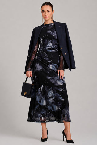 Long Sleeve Slash Neck Maxi Dress, Black Abstract