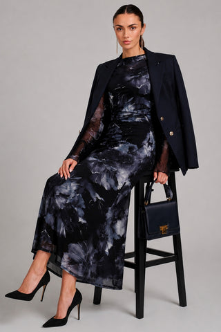 Long Sleeve Slash Neck Maxi Dress, Black Abstract