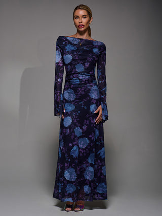 Long Sleeve Slash Neck Maxi Dress, Purple Floral