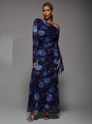 Long Sleeve Slash Neck Maxi Dress, Purple Floral