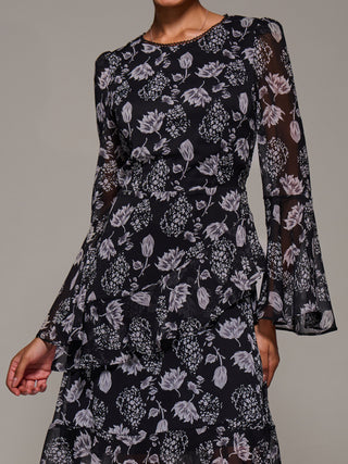 Long Sleeve Frill Chiffon Knee-Length Dress, Black Floral