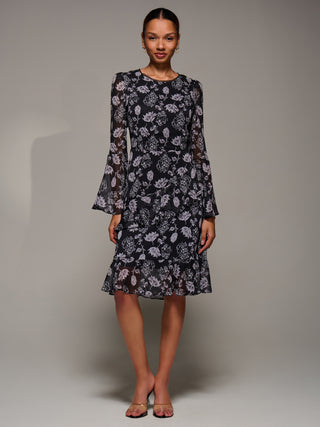Long Sleeve Frill Chiffon Knee-Length Dress, Black Floral