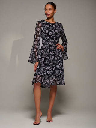 Long Sleeve Frill Chiffon Knee-Length Dress, Black Floral