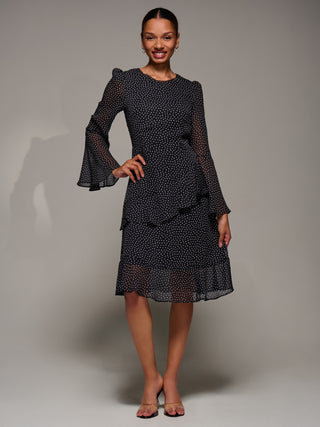 Long Sleeve Frill Chiffon Knee-Length Dress, Black Spot