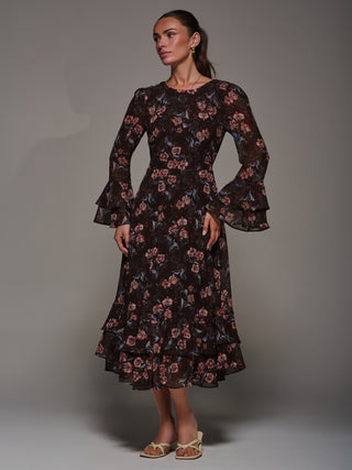Long Sleeve Chiffon Print Frill Midaxi Dress, Burgundy Floral