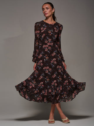 Long Sleeve Chiffon Print Frill Midaxi Dress, Burgundy Floral