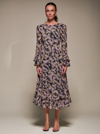 Long Sleeve Chiffon Print Frill Midaxi Dress, Purple Multi