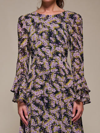 Long Sleeve Chiffon Print Frill Midaxi Dress, Purple Multi